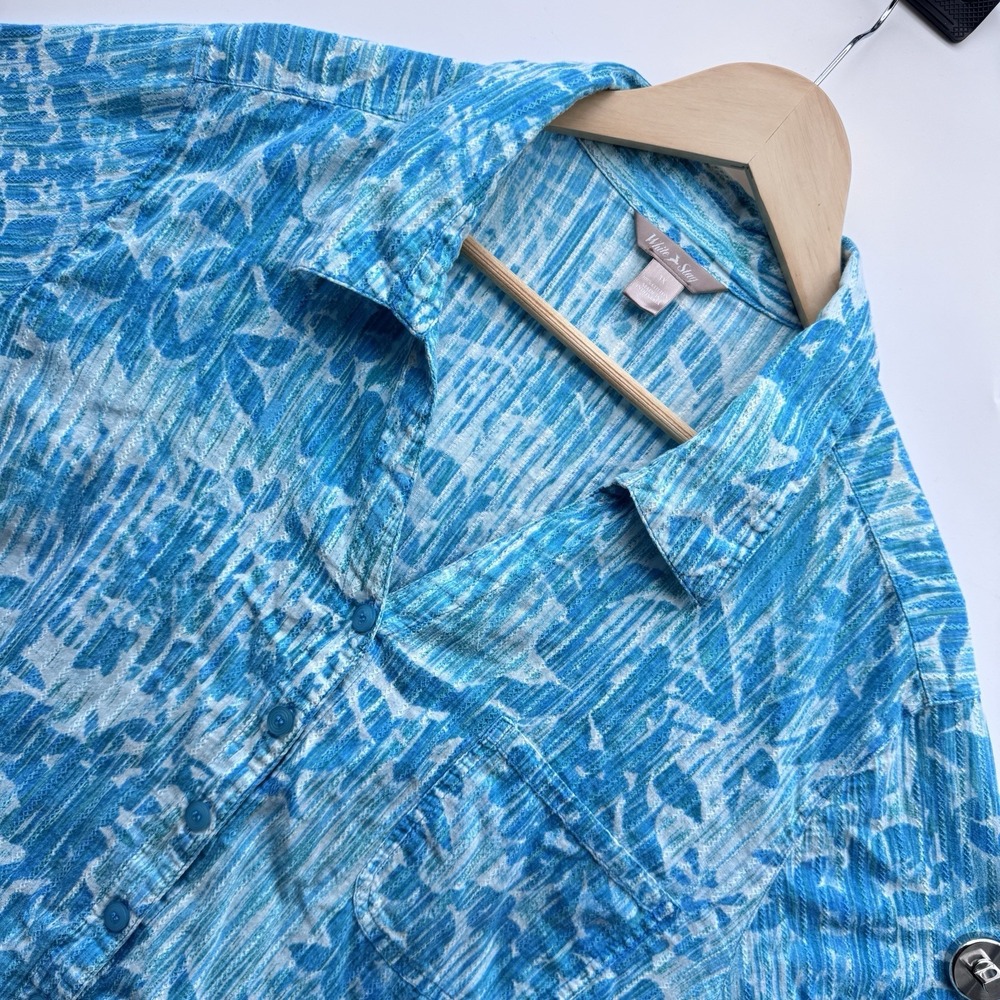 White Stag Womens Plus Size 3X Blue Aqua Floral Blouse Button Down Cotton Shirt